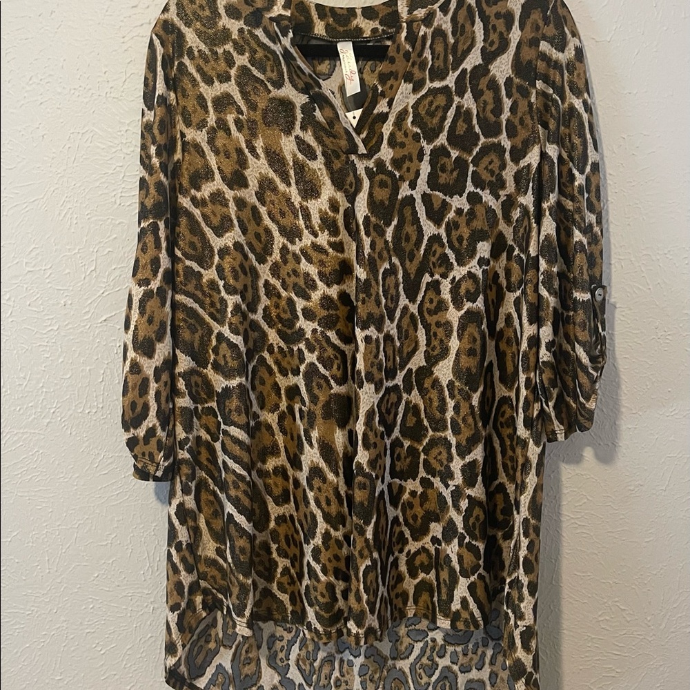 Dressin Gaudy leopard metallic knit blouse with roll tab sleeves NWT